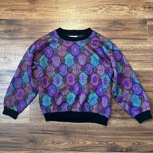 Vintage Tapestry Knit Sweater Small Bold Boho Pattern Pullover Eclectic Retro